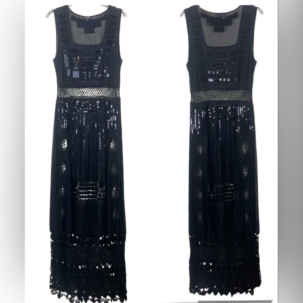 Phase Eight Black Evening Dress Sequins crochet Sheer London Boutique UK Sz 14